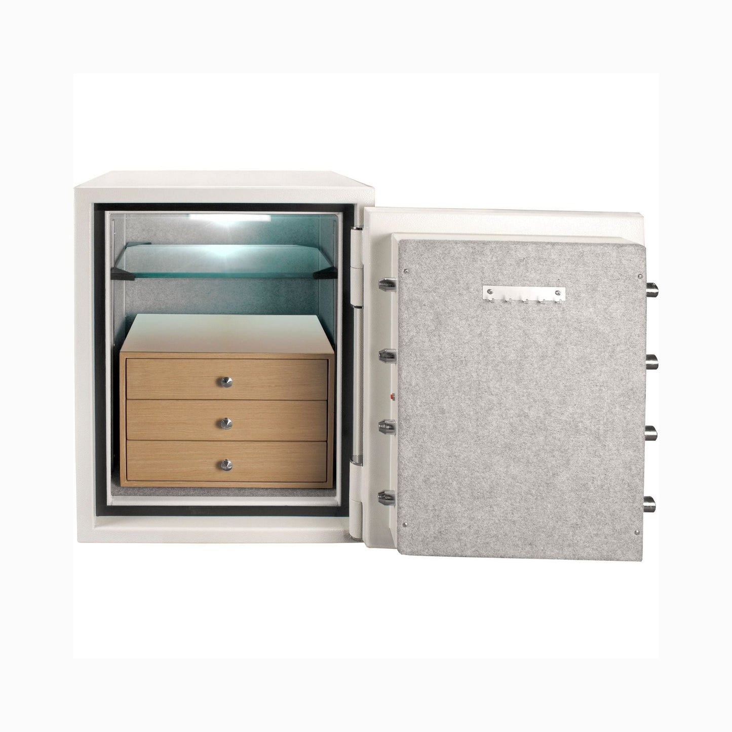 “Barska AX13614 safe open showing suede-lined jewelry drawer and shelves”