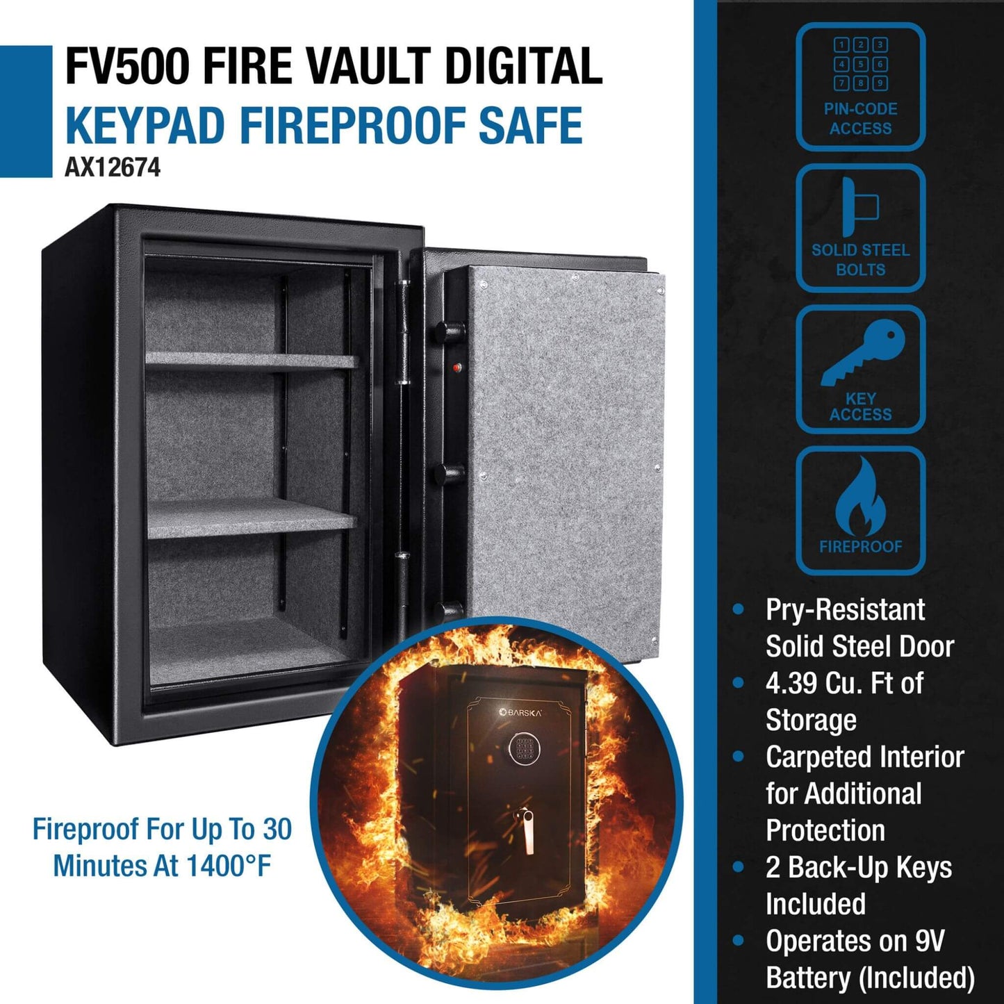 Barska FV500 FireVault Digital Keypad Fireproof Safe with door open, interior shelves visible, feature icons, and fireproof 1,400°F performance graphic