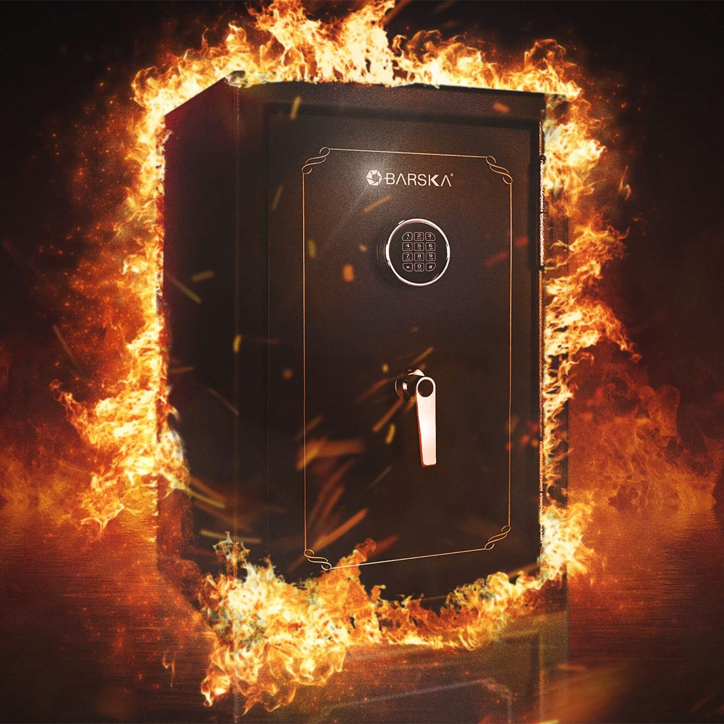 Barska FV500 FireVault safe in fire simulation representing 30-minute fireproof rating at 1,400°F