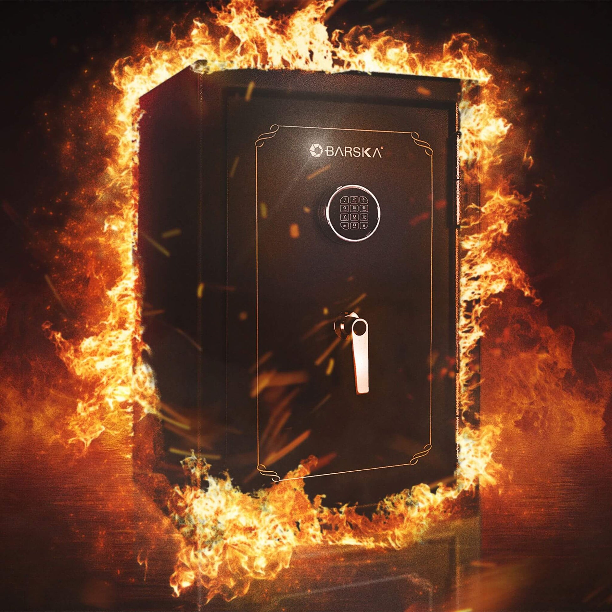 Barska FV500 FireVault safe in fire simulation representing 30-minute fireproof rating at 1,400°F