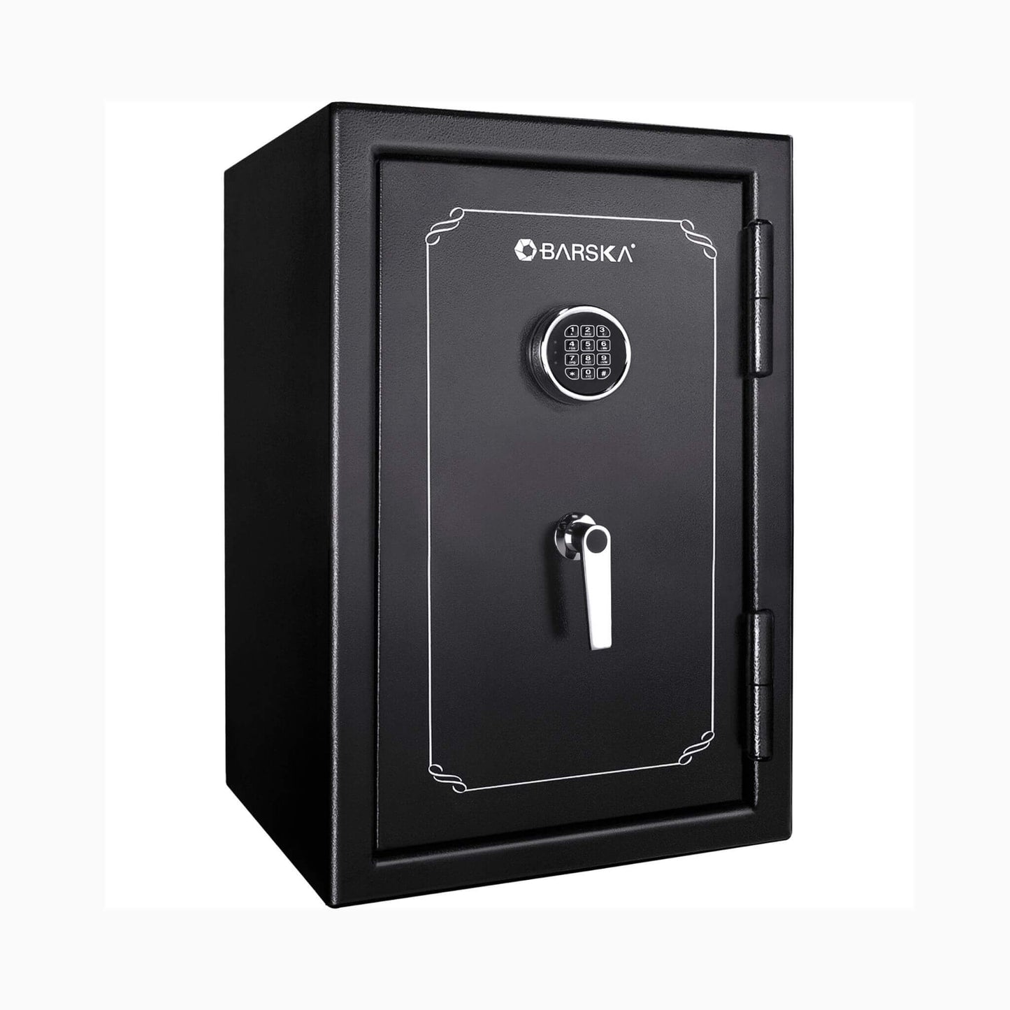 Barska FV500 FireVault fireproof safe angled front view, gloss black finish