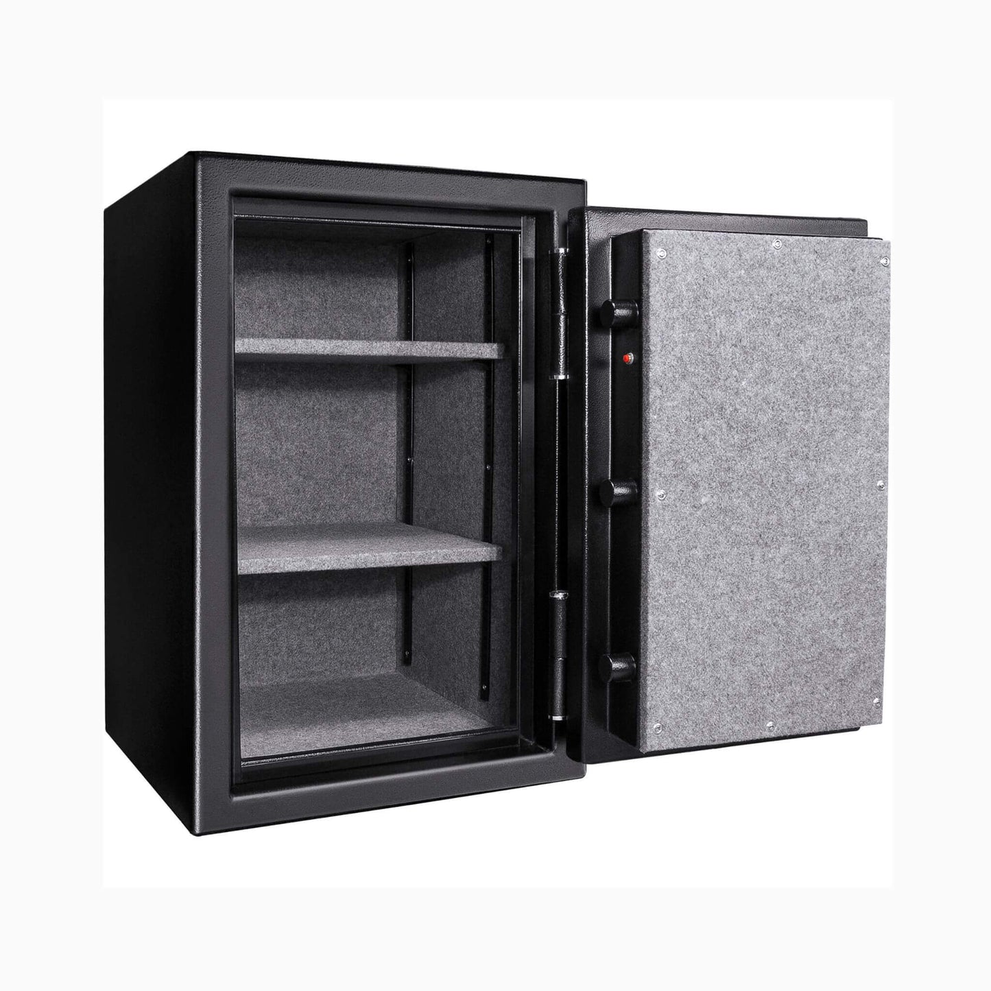 Barska FV500 FireVault safe with door open showing carpeted interior and adjustable shelves