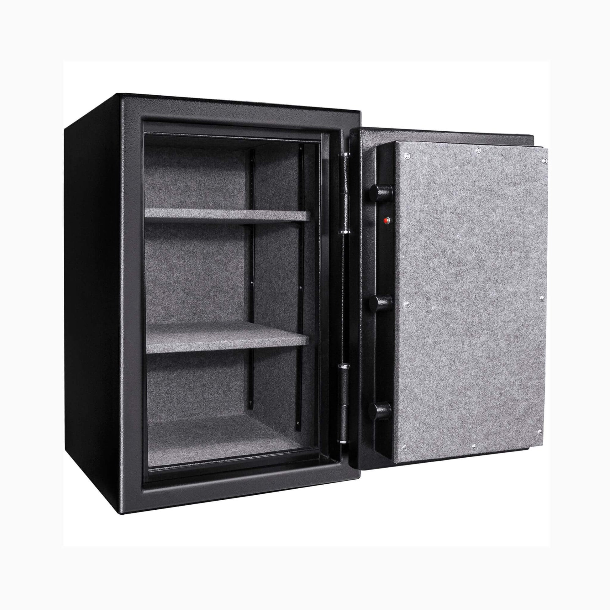 Barska FV500 FireVault safe with door open showing carpeted interior and adjustable shelves