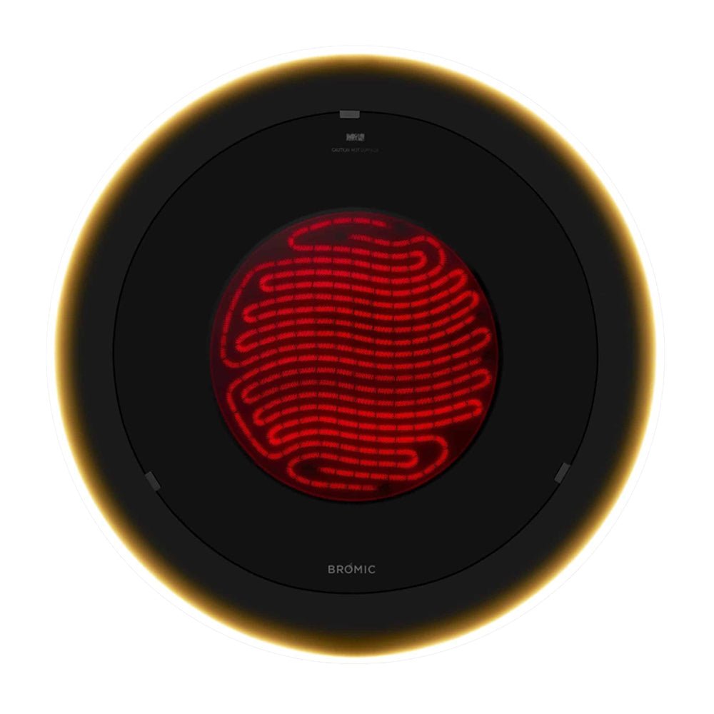 Close-up overhead view of Bromic Eclipse heater head with glowing infrared element and LED ring
