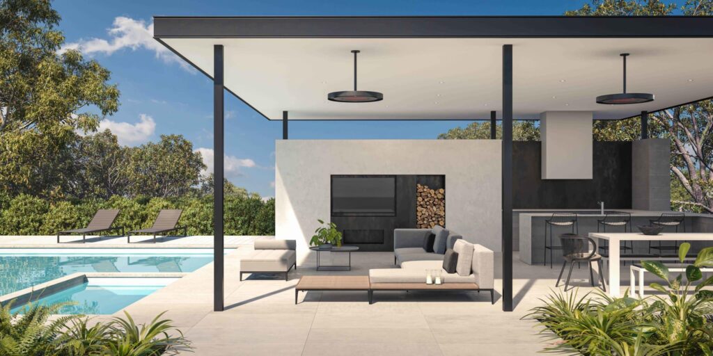 Lifestyle image – heater in luxury outdoor lounge space near pool