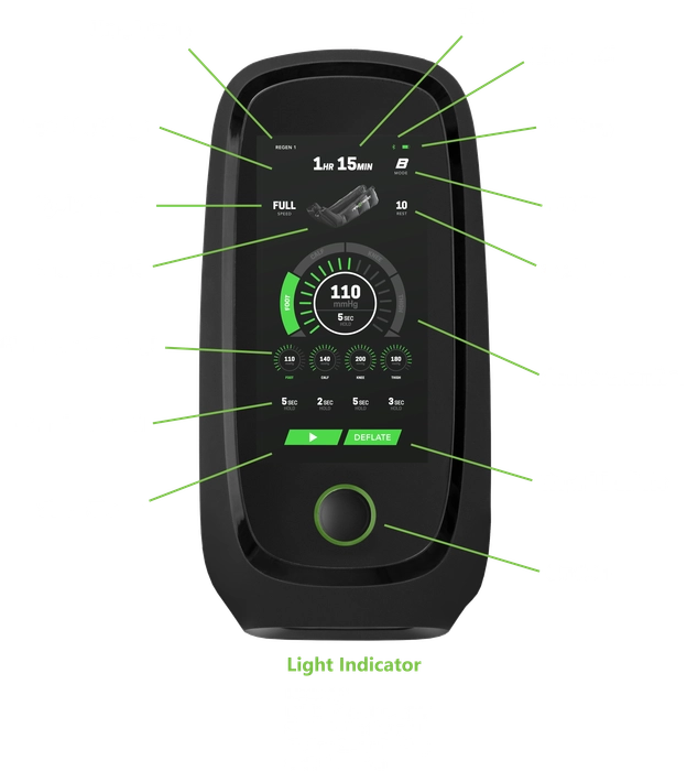 “Rapid Reboot REGEN control unit display showing labeled touchscreen interface with pressure, cycle modes, chamber controls, and rapid deflate button.”