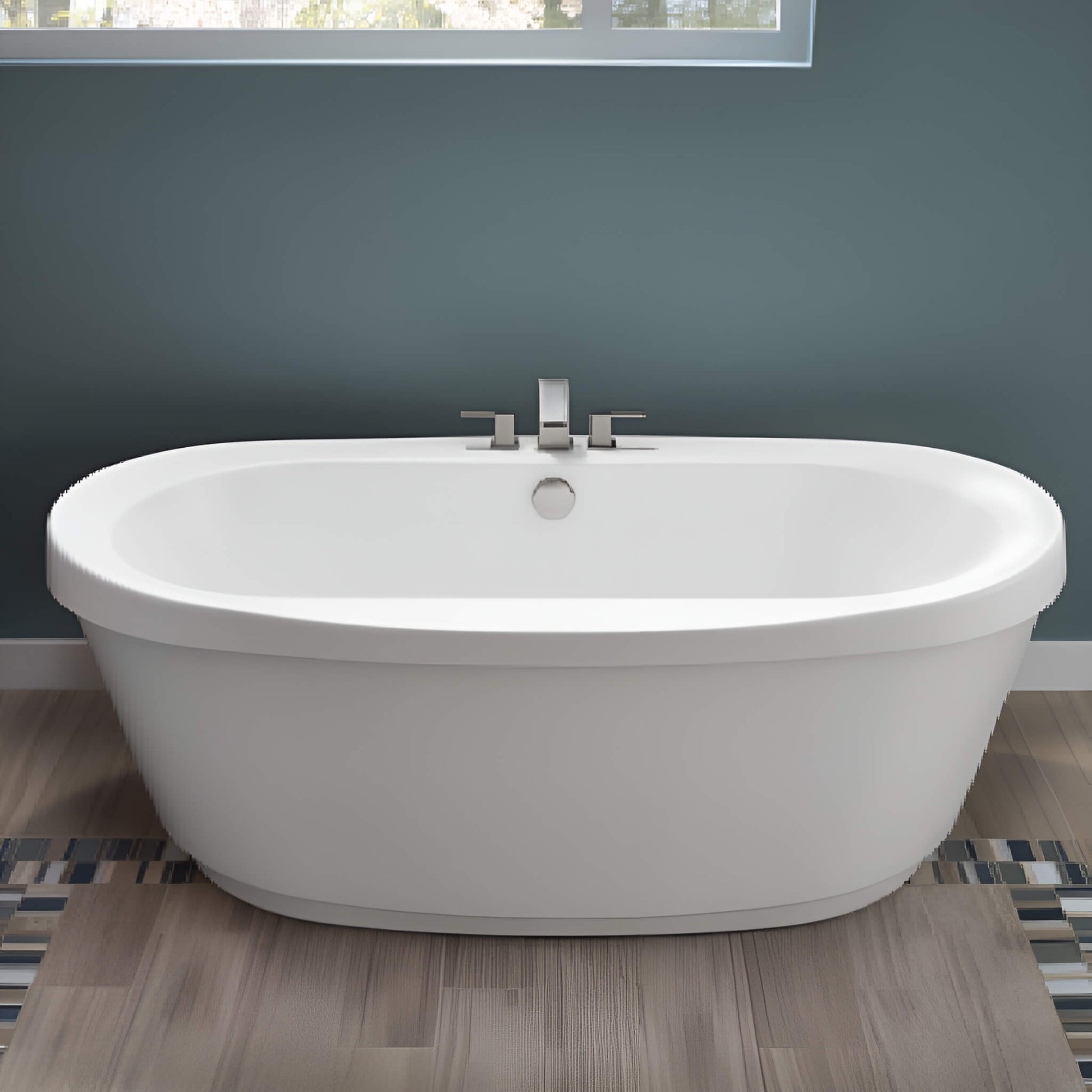 Front view of Jacuzzi Bravo Pure Air freestanding tub in a blue-walled bathroom