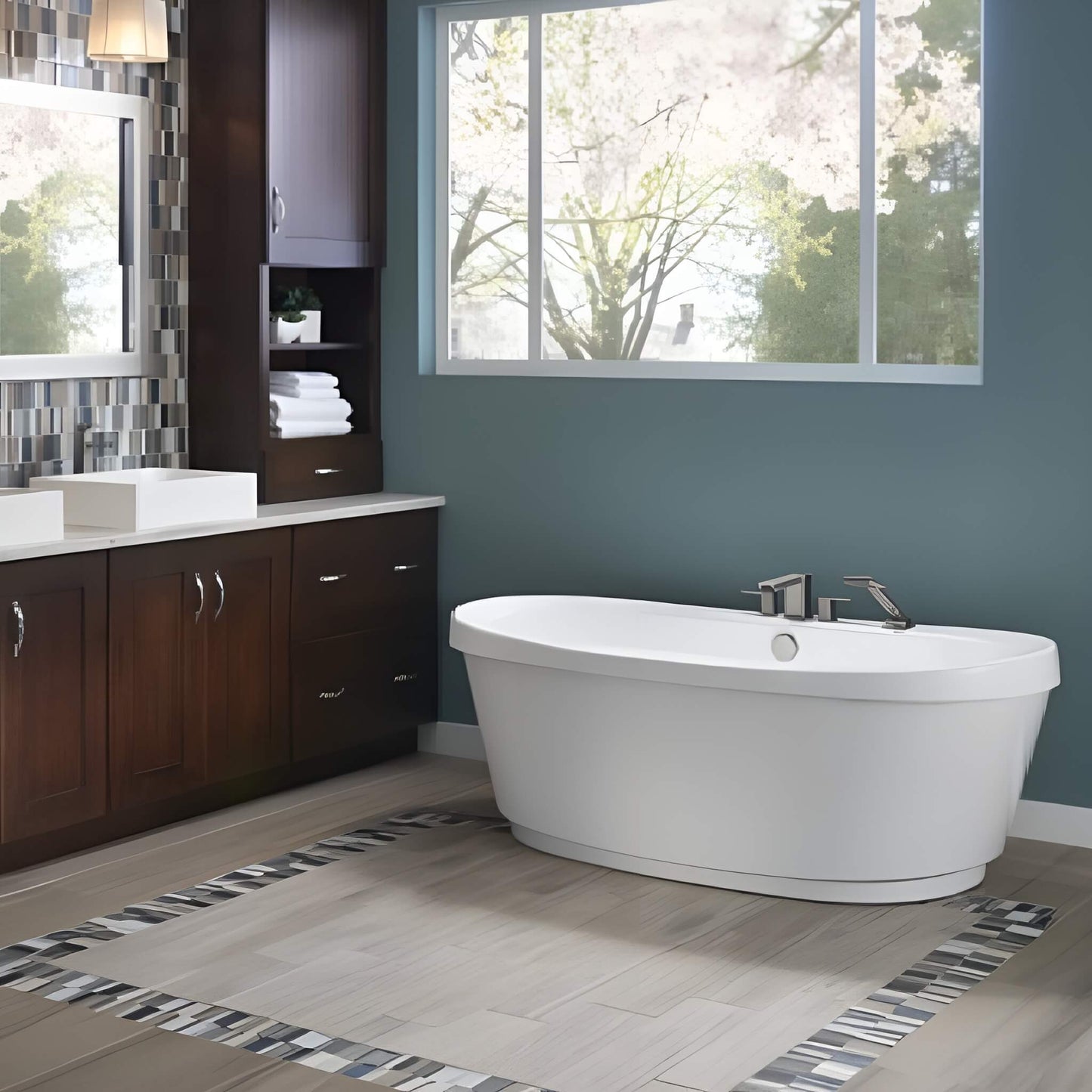 Jacuzzi Bravo freestanding air tub in a contemporary bathroom with wood cabinets