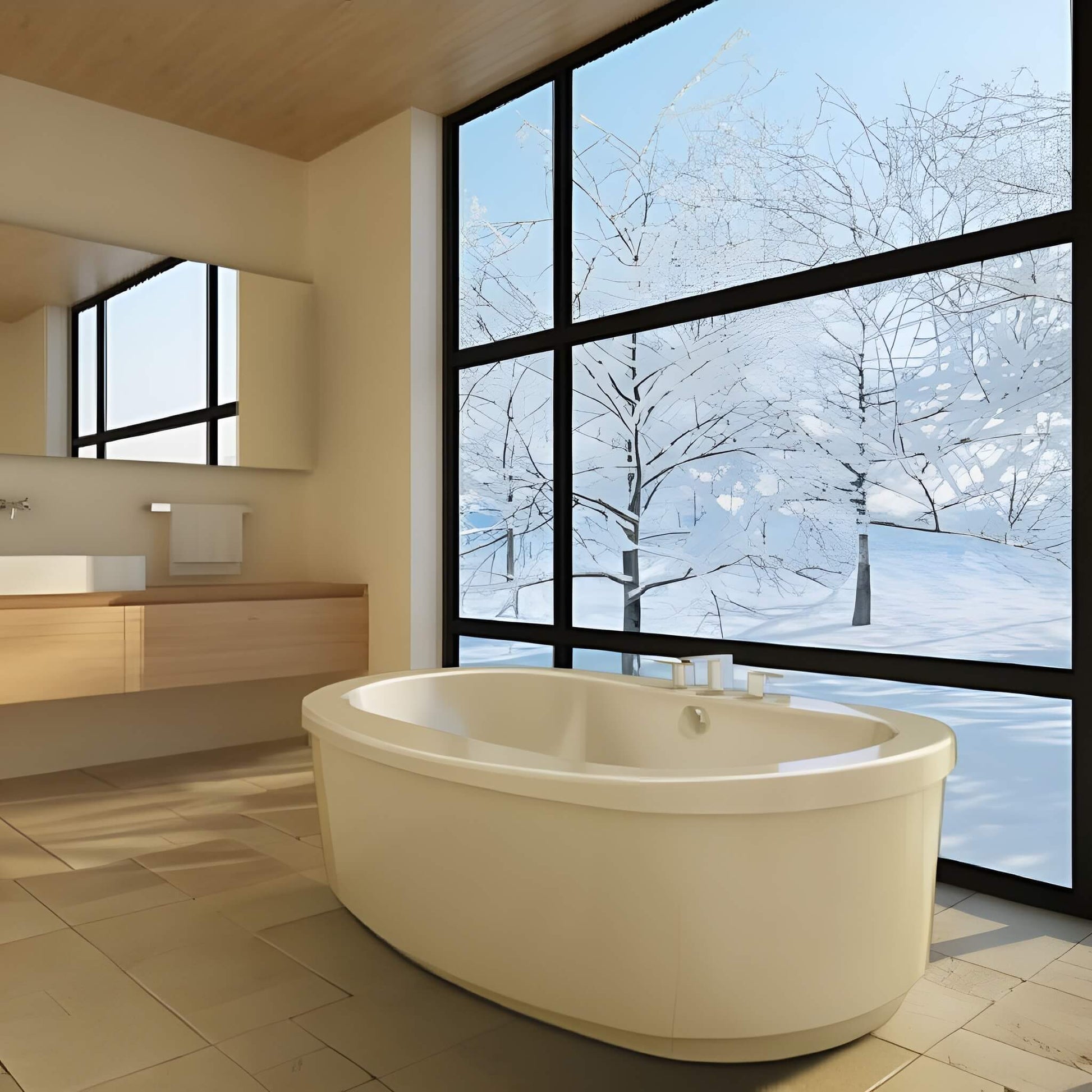 Beige Oyster finish Jacuzzi Bravo freestanding tub in a modern minimalist bathroom with large windows