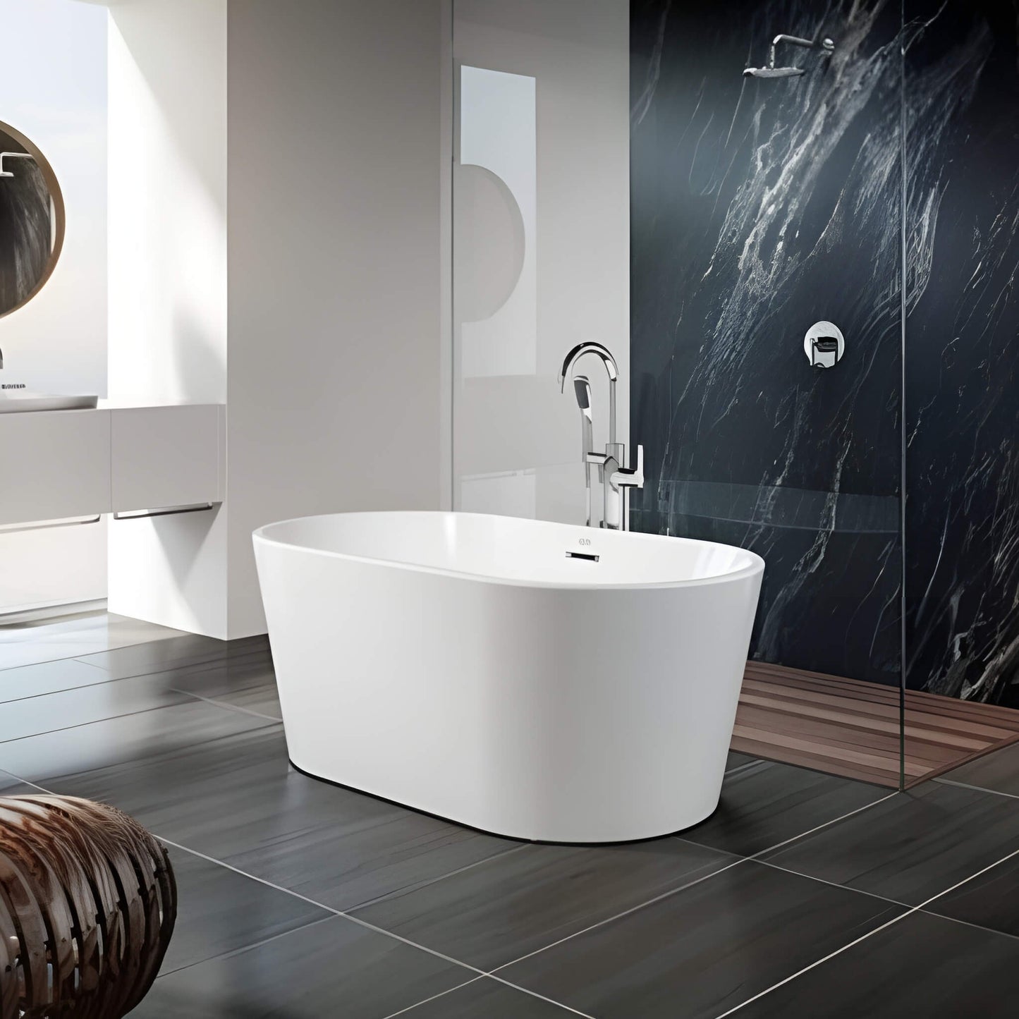 Jacuzzi Celeste 7032 freestanding soaking tub in a contemporary bathroom with dark tile accent wall