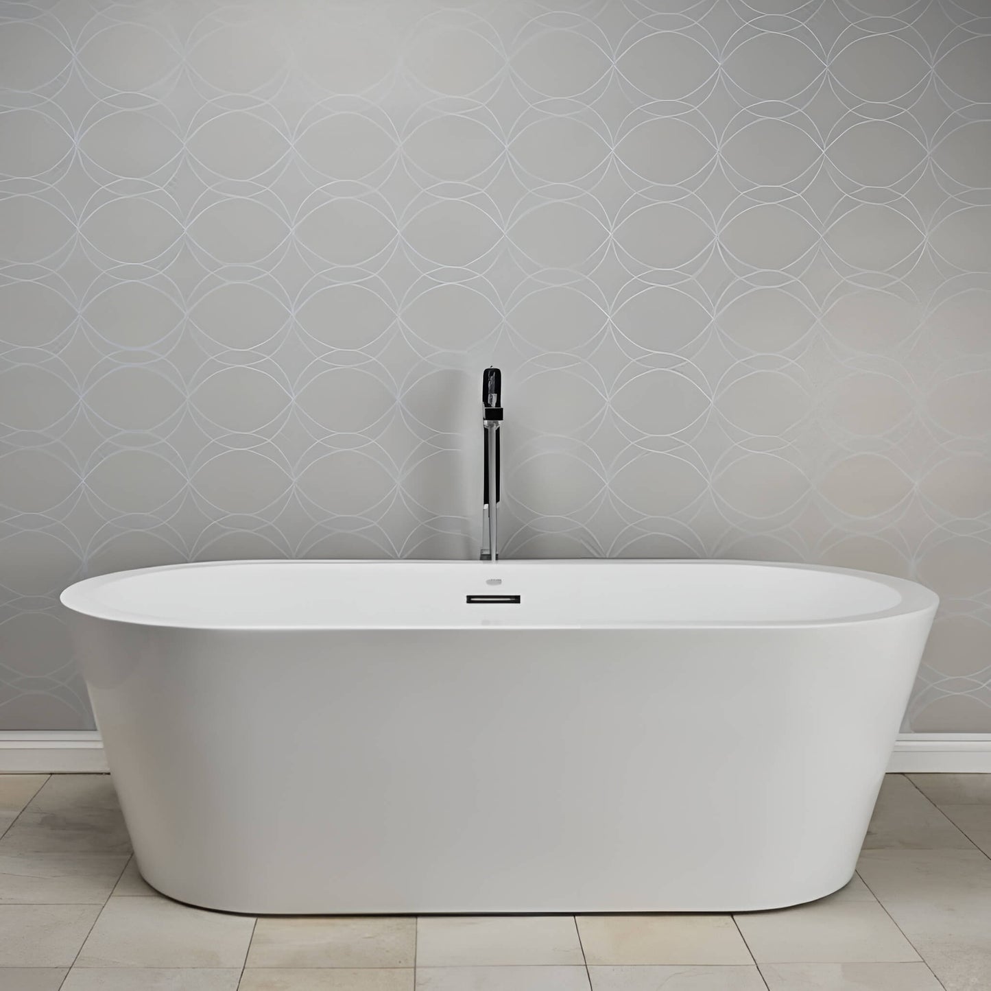 Jacuzzi Celeste 7032 freestanding soaking tub in a neutral modern bathroom with geometric wall tile