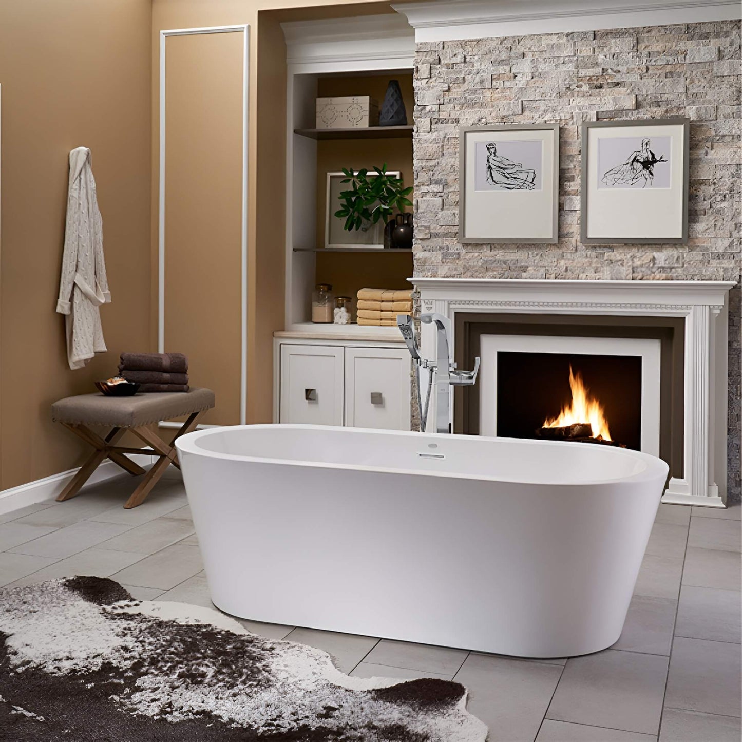 Jacuzzi Celeste 7032 tub staged in a cozy bathroom with fireplace and freestanding filler