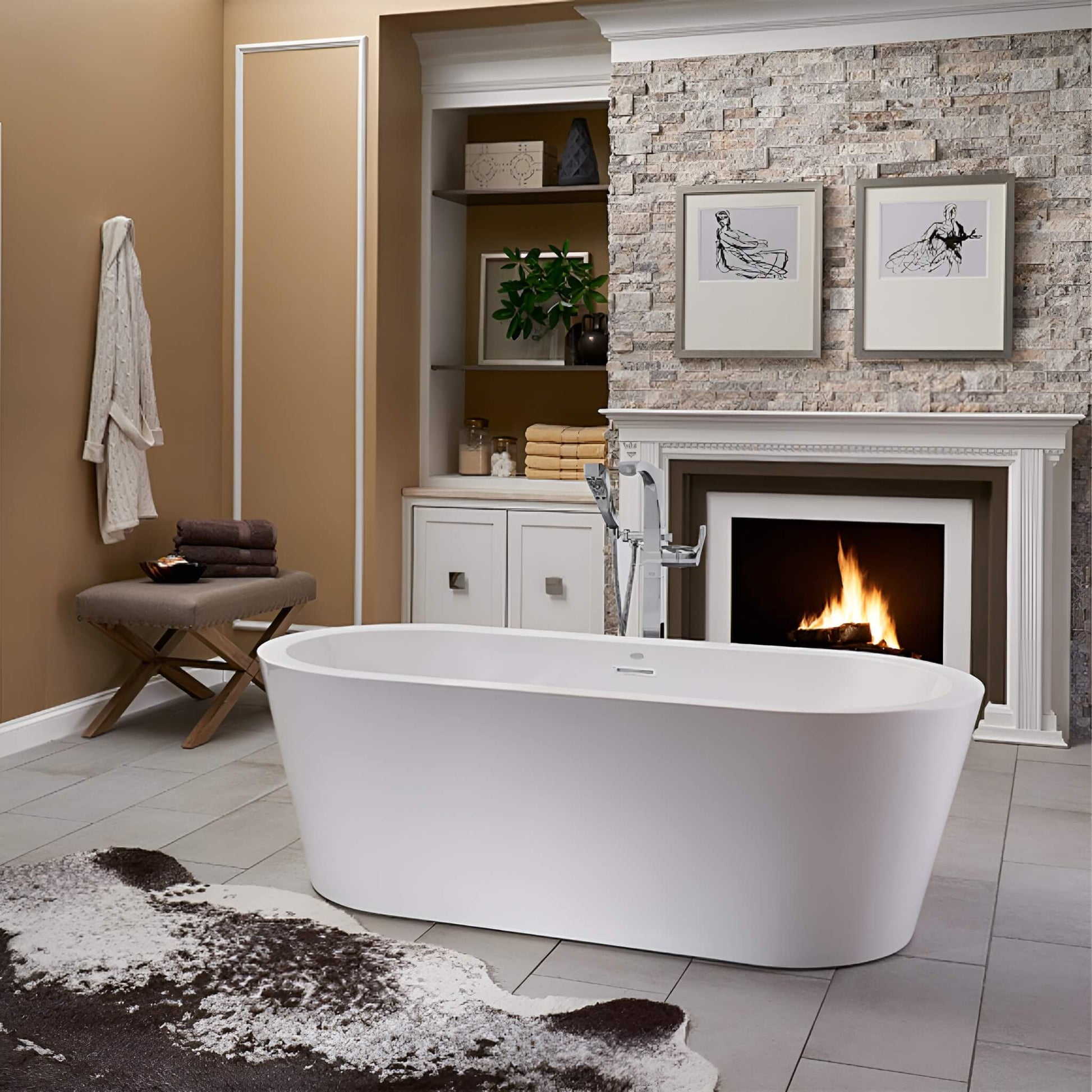 Jacuzzi Celeste 7032 tub staged in a cozy bathroom with fireplace and freestanding filler