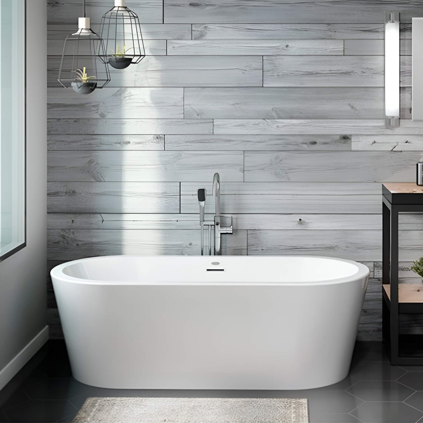 Jacuzzi Celeste 7032 freestanding soaking tub in a modern bathroom with gray wood wall and floor-mounted filler