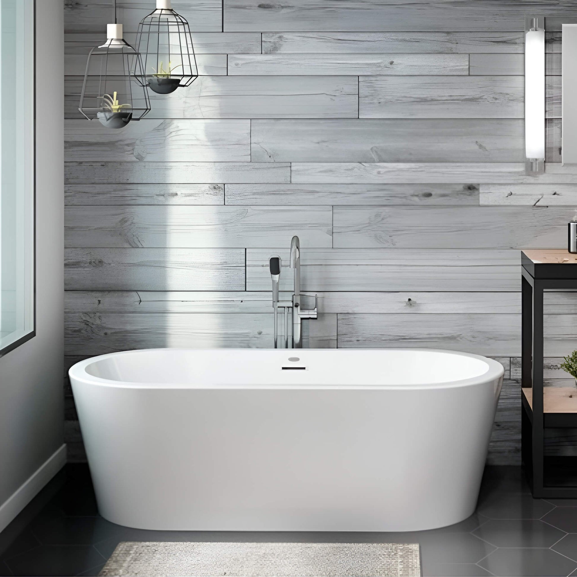 Jacuzzi Celeste 7032 freestanding soaking tub in a modern bathroom with gray wood wall and floor-mounted filler