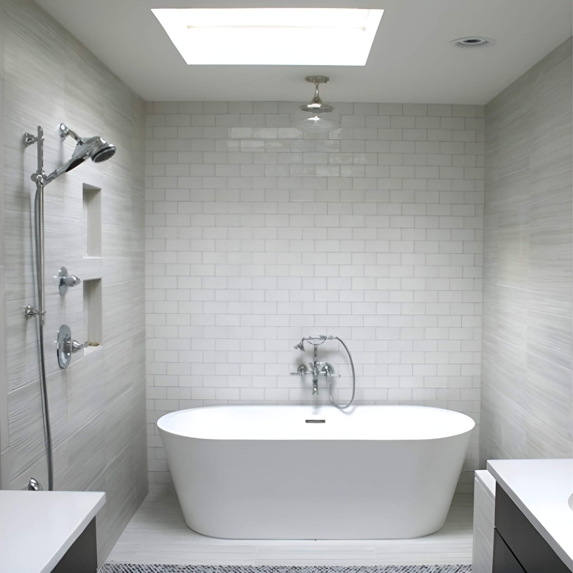 Jacuzzi Celeste 7032 soaking tub placed under skylight in bright white modern bathroom