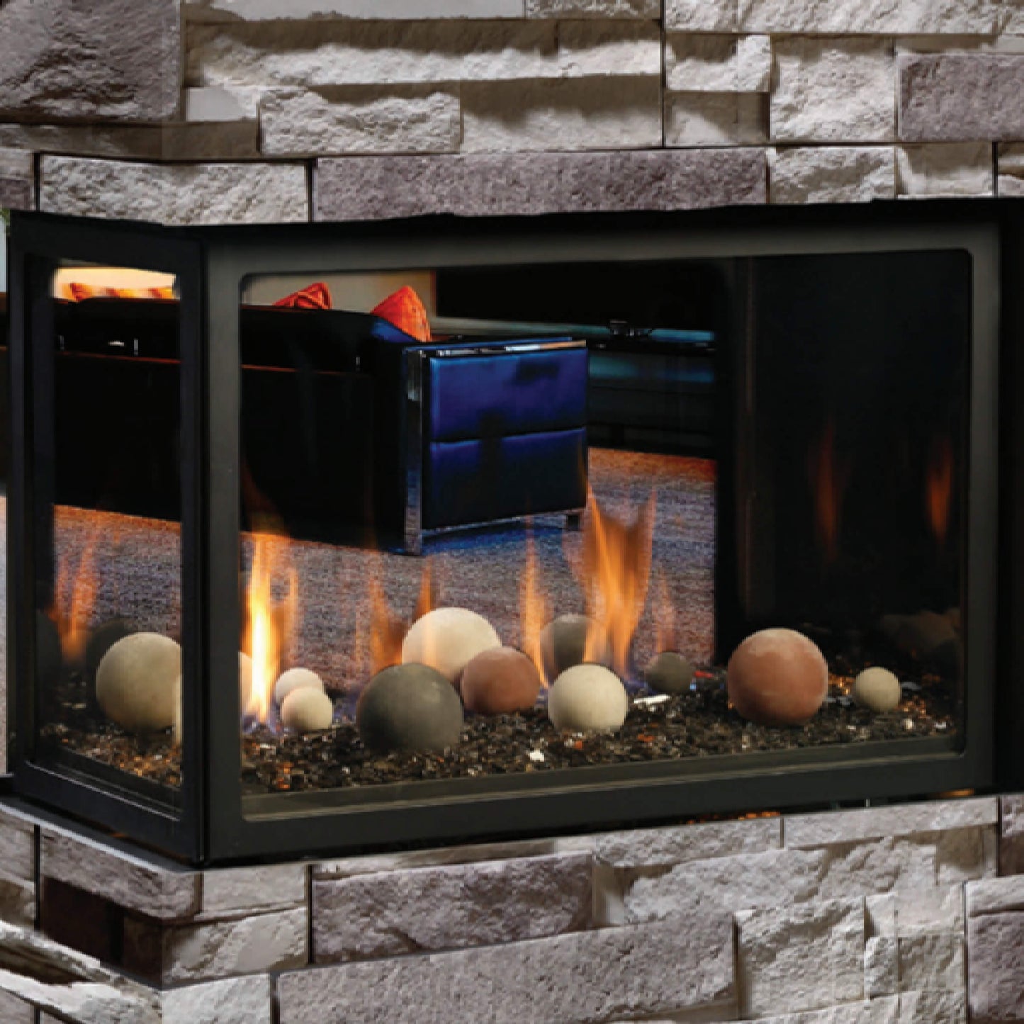 Kingsman MCVP42 peninsula fireplace with horizontal stone wall
