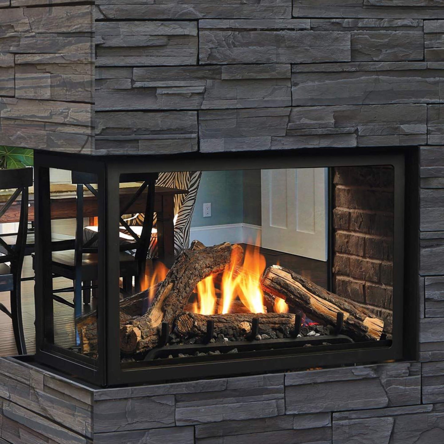 Kingsman MCVP42 peninsula fireplace with horizontal stone wall