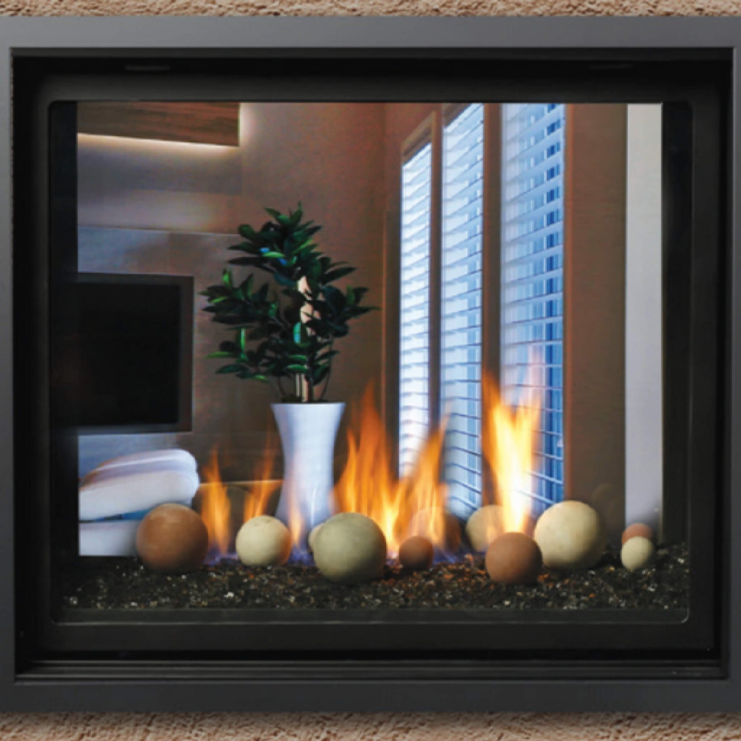 Kingsman MCVST42 fireplace with contemporary glass media set, shown in a modern living room interior