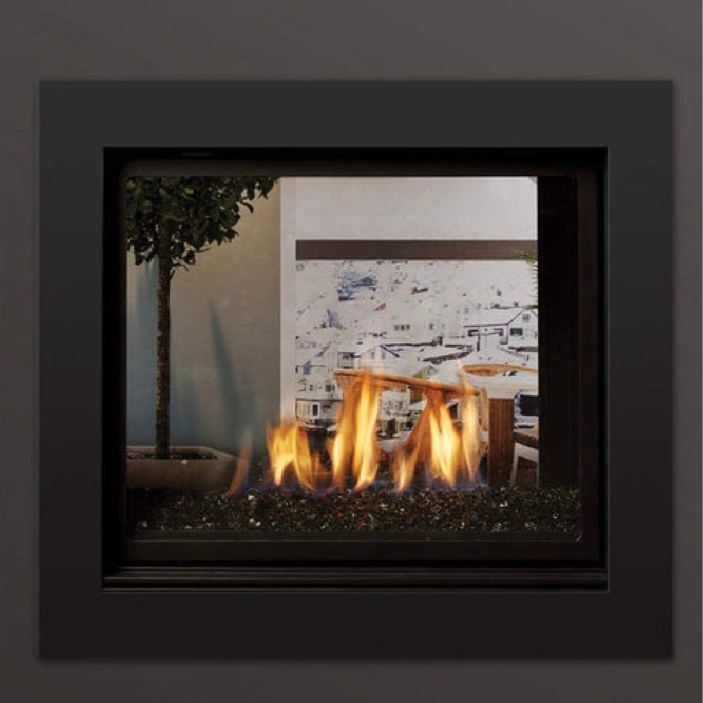 Front view of Kingsman MCVST42 see-through direct vent fireplace with clean black framing