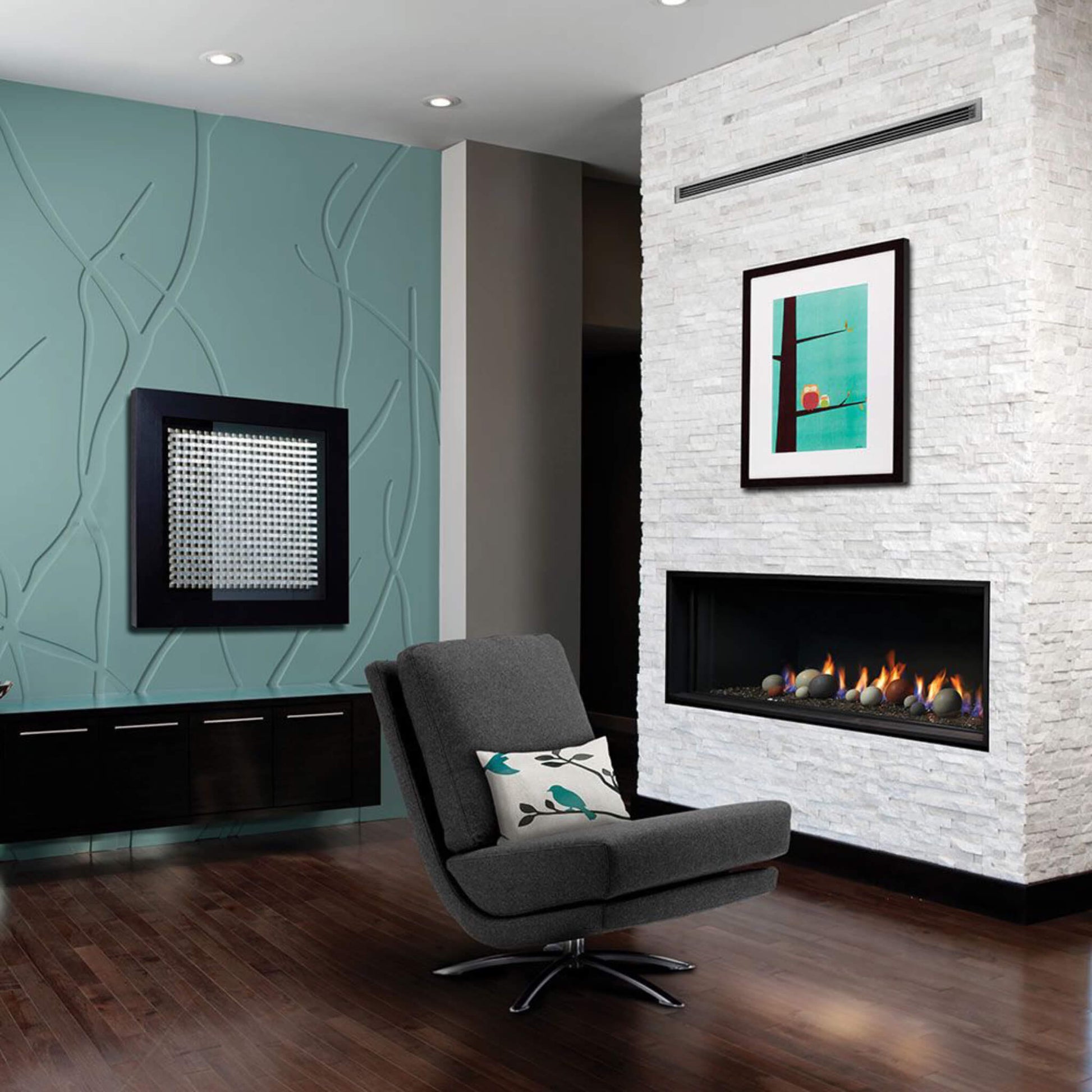 ZCVRB60 fireplace in dark modern lounge setting