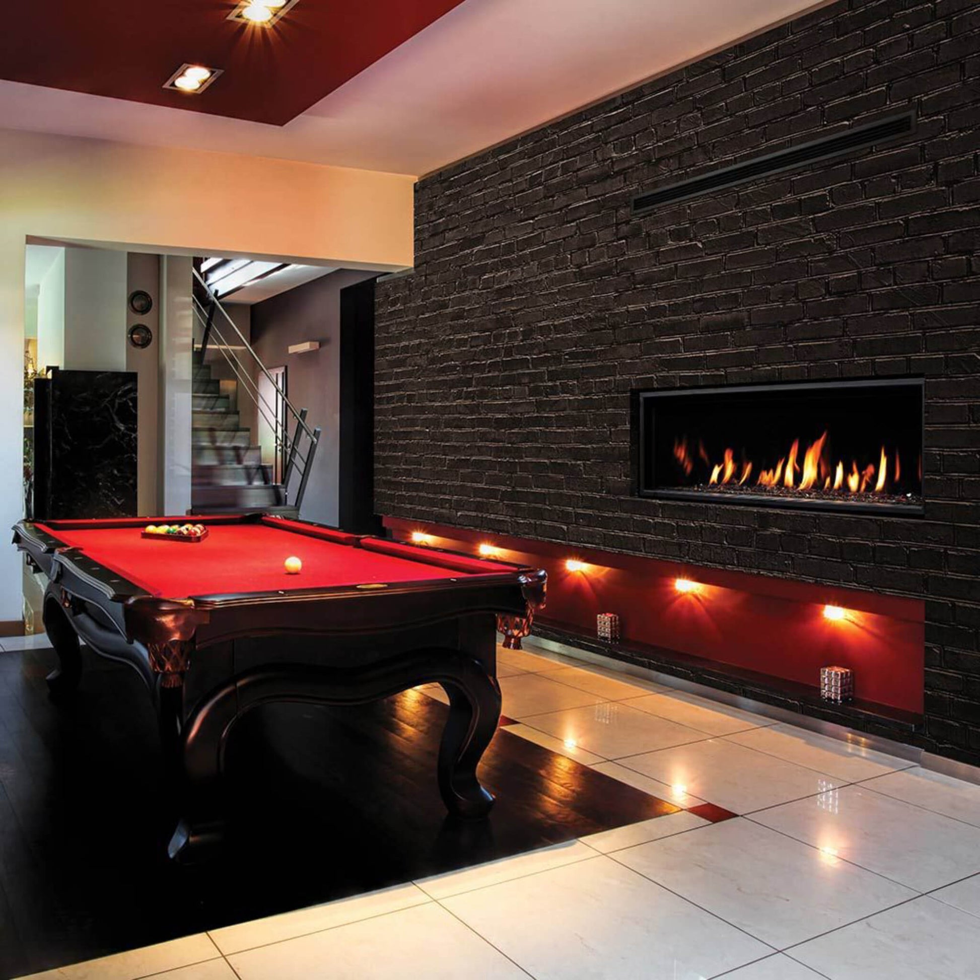 ZCVRB60 fireplace behind billiards room with LED lighting