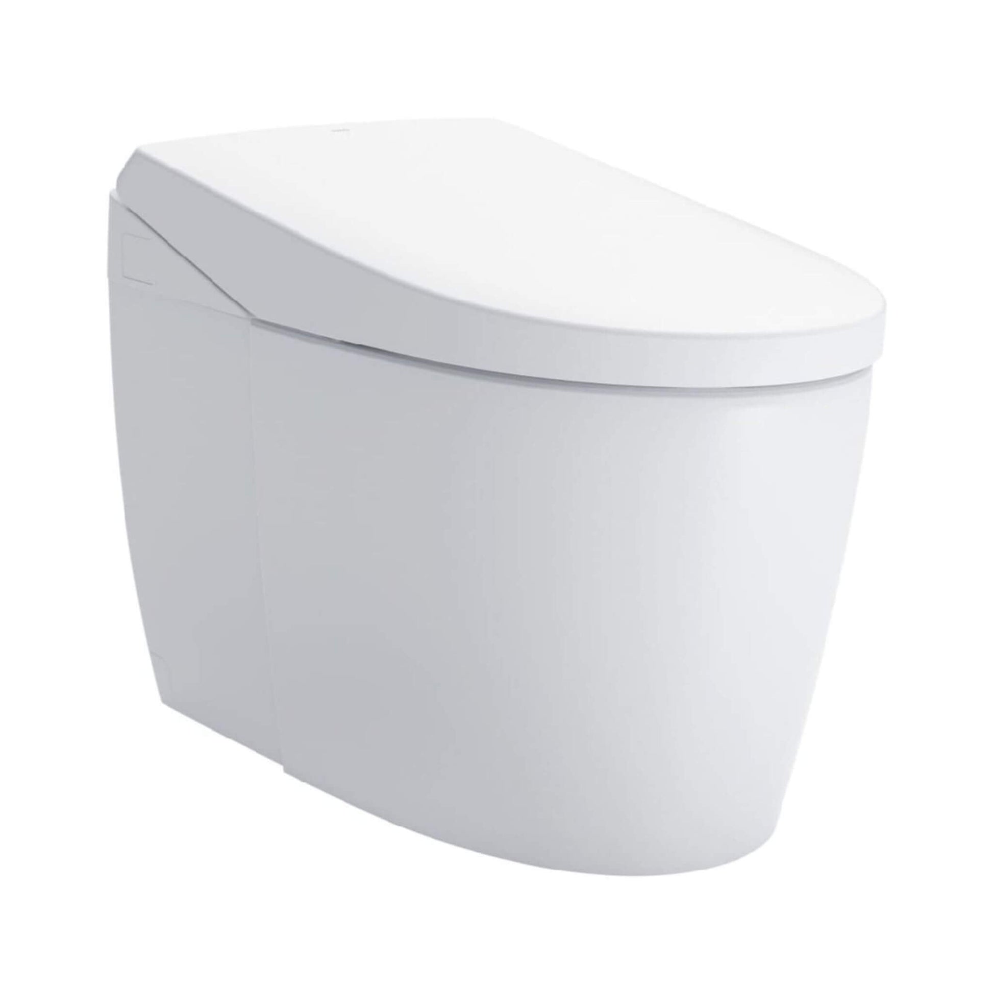 “Side angle of TOTO Neorest AS showing skirted base and smooth lines.”