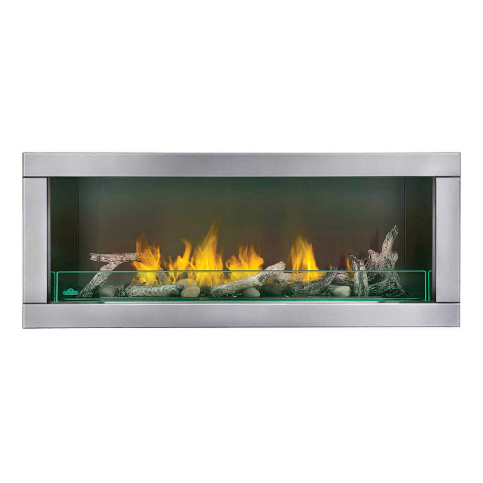 Front view of Napoleon Galaxy 48 outdoor fireplace with stainless steel chassis and active flame