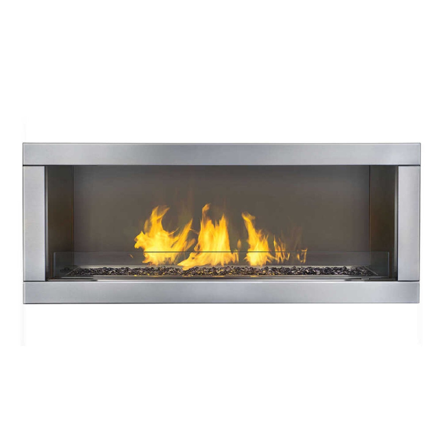 Galaxy 48 outdoor gas fireplace with topaz crystal ember bed and natural gas flame.