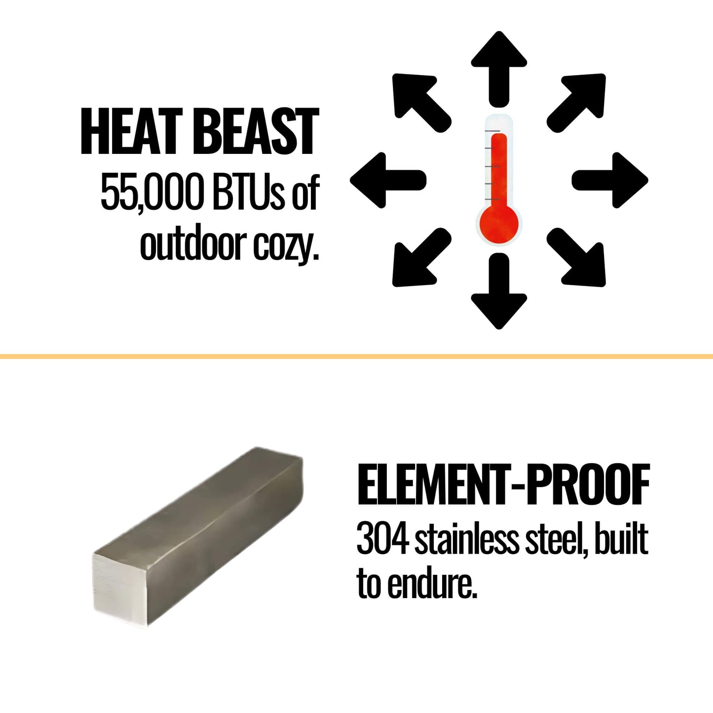 Graphic showing 55,000 BTU outdoor heating performance and 304 stainless steel element-proof construction for the Napoleon Galaxy 48 fireplace.