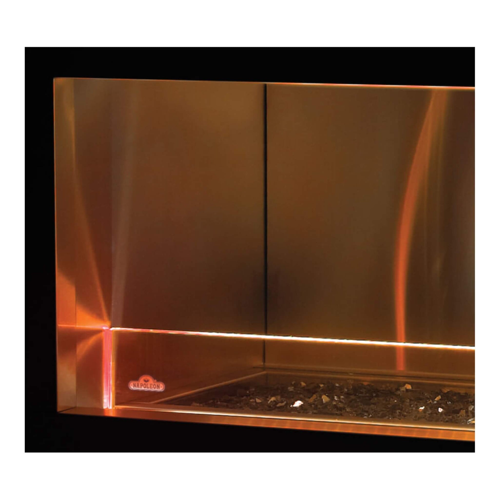 Napoleon Galaxy 48 fireplace interior with warm amber LED lighting illuminating the stainless steel panels.