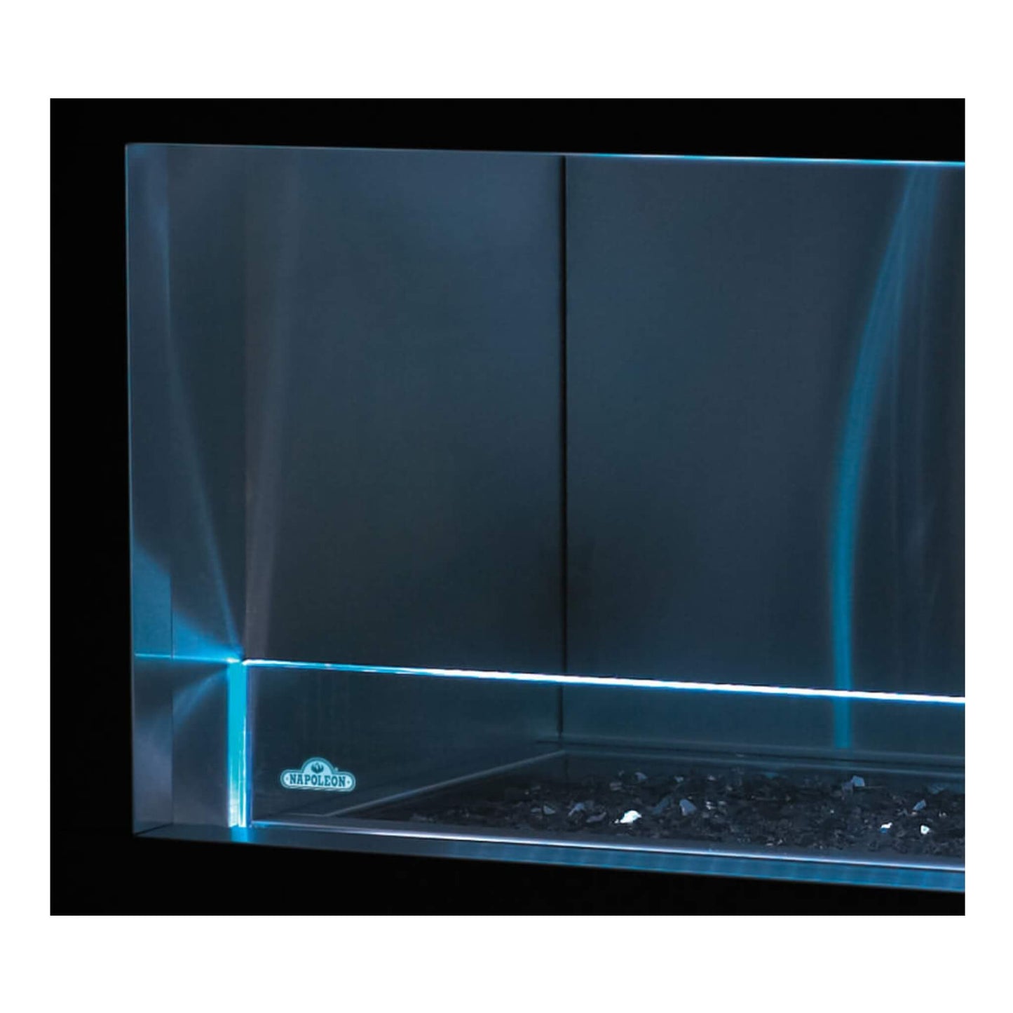 Napoleon Galaxy 48 fireplace interior featuring blue LED accent lighting against stainless steel panels.