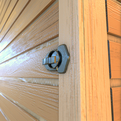 Close-up of a wooden door with a metal handle and lock.