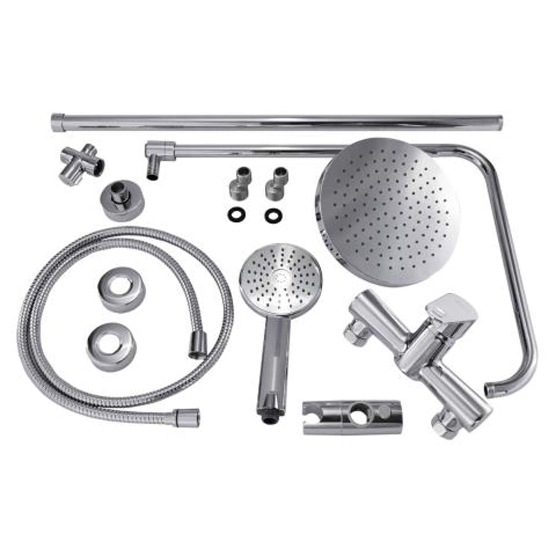 Hardware kit for the SaunaLife Model R3 Barrel Shower, including mounting plates, connections, and fasteners.