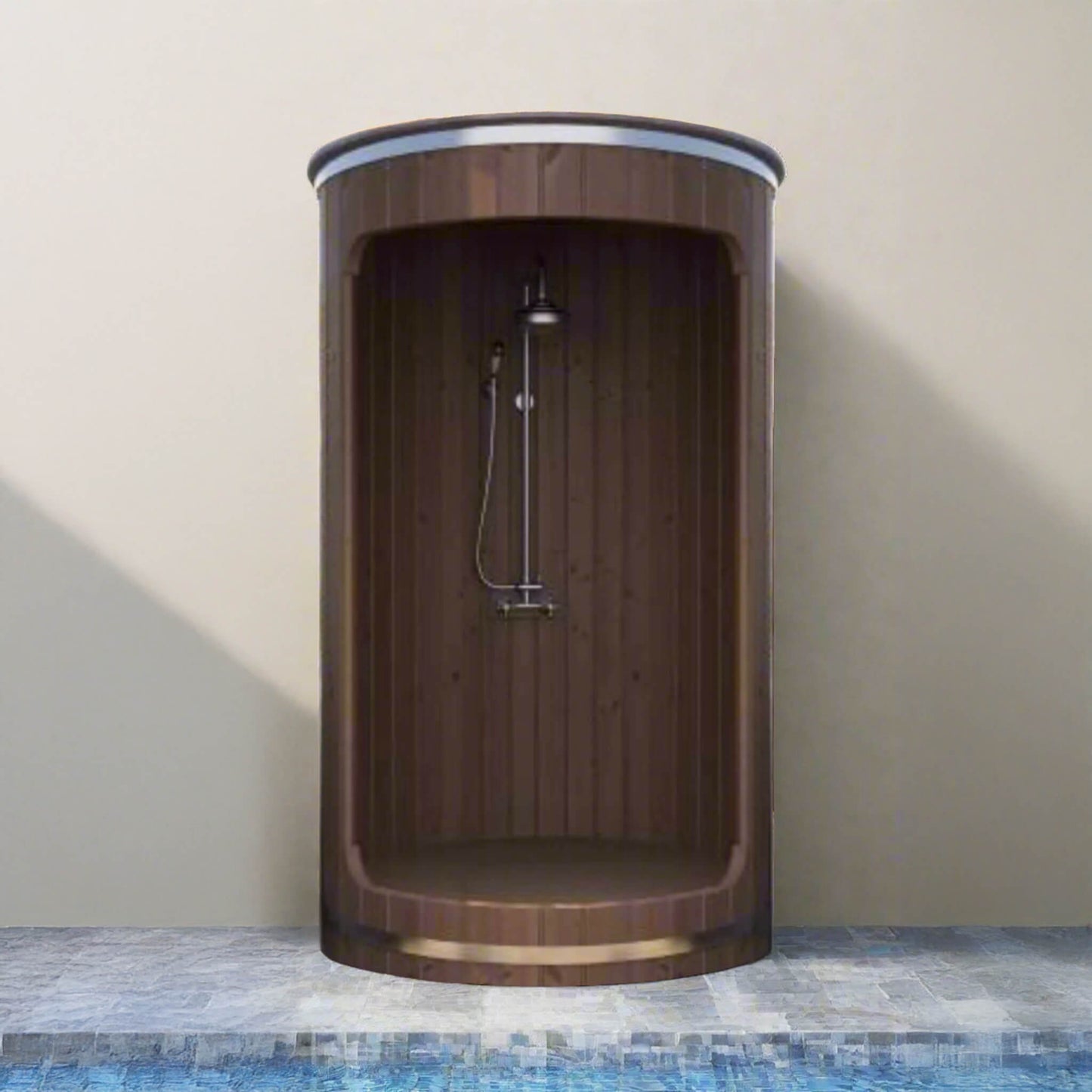 Front view of the SaunaLife Model R3 Barrel Shower showing thermo spruce construction and interior chrome shower system.