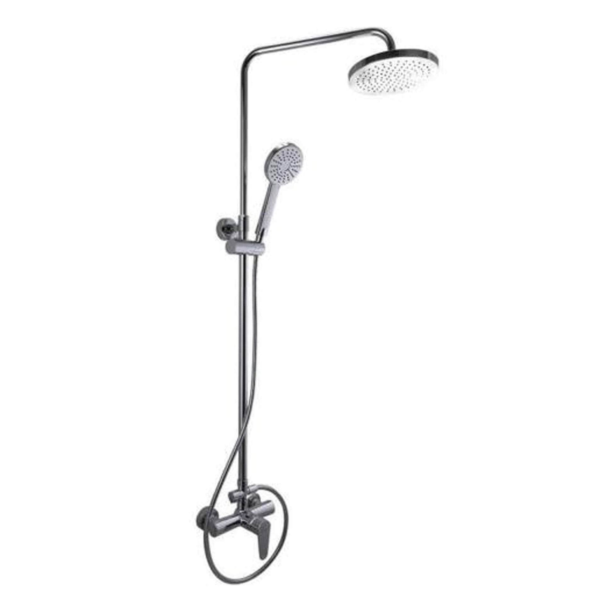 Full outdoor shower fixture assembly for the SaunaLife Model R3, including overhead rain head, handheld spray, riser pipe, and mounting hardware.