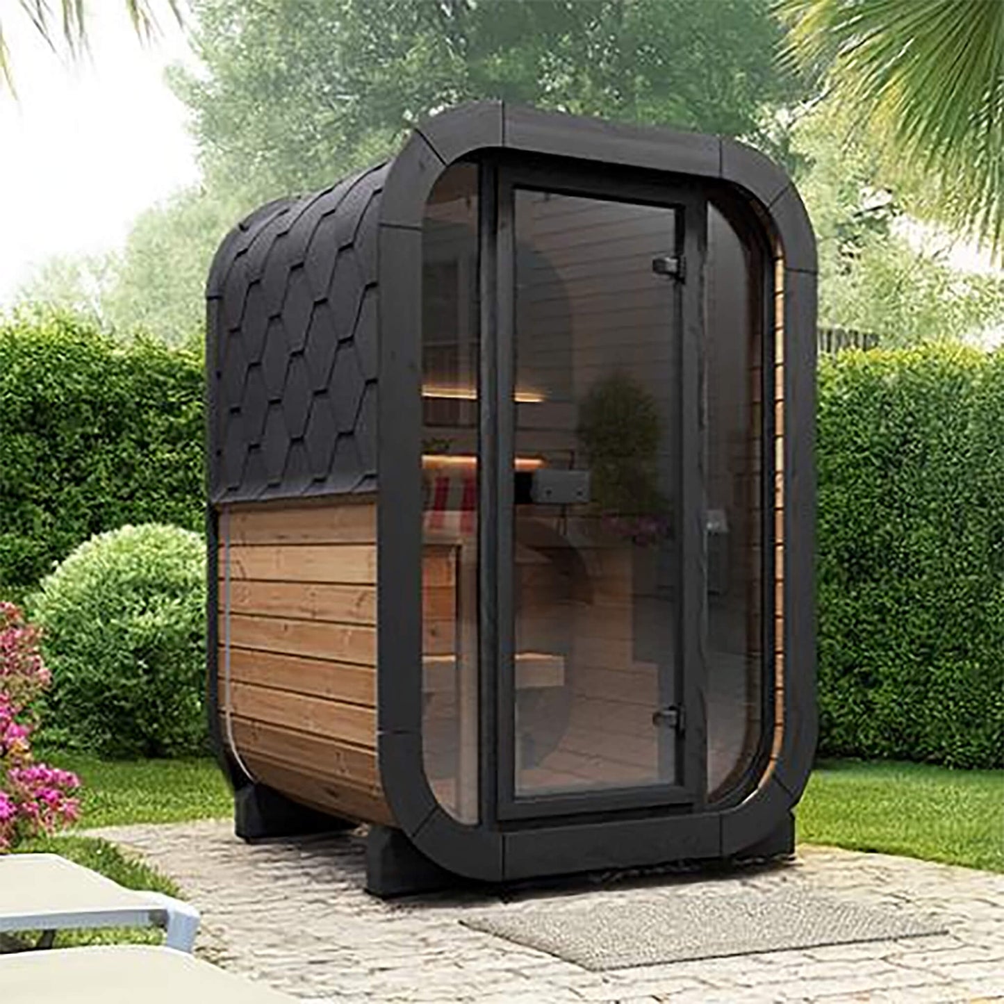 SaunaLife Cube-Series CL3G outdoor sauna placed in a landscaped backyard with full-glass front and Thermo-Spruce exterior