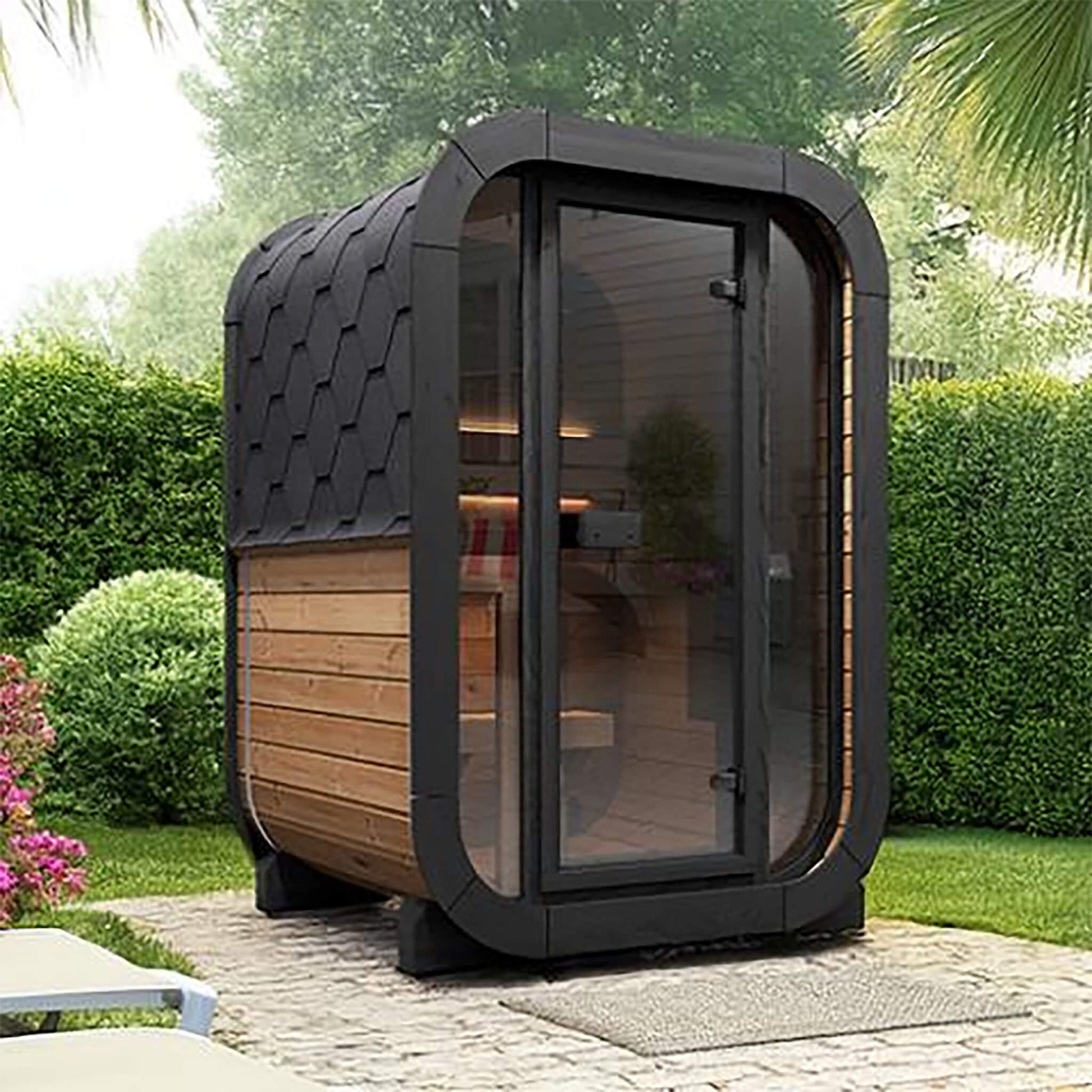 SaunaLife Cube-Series CL3G outdoor sauna placed in a landscaped backyard with full-glass front and Thermo-Spruce exterior