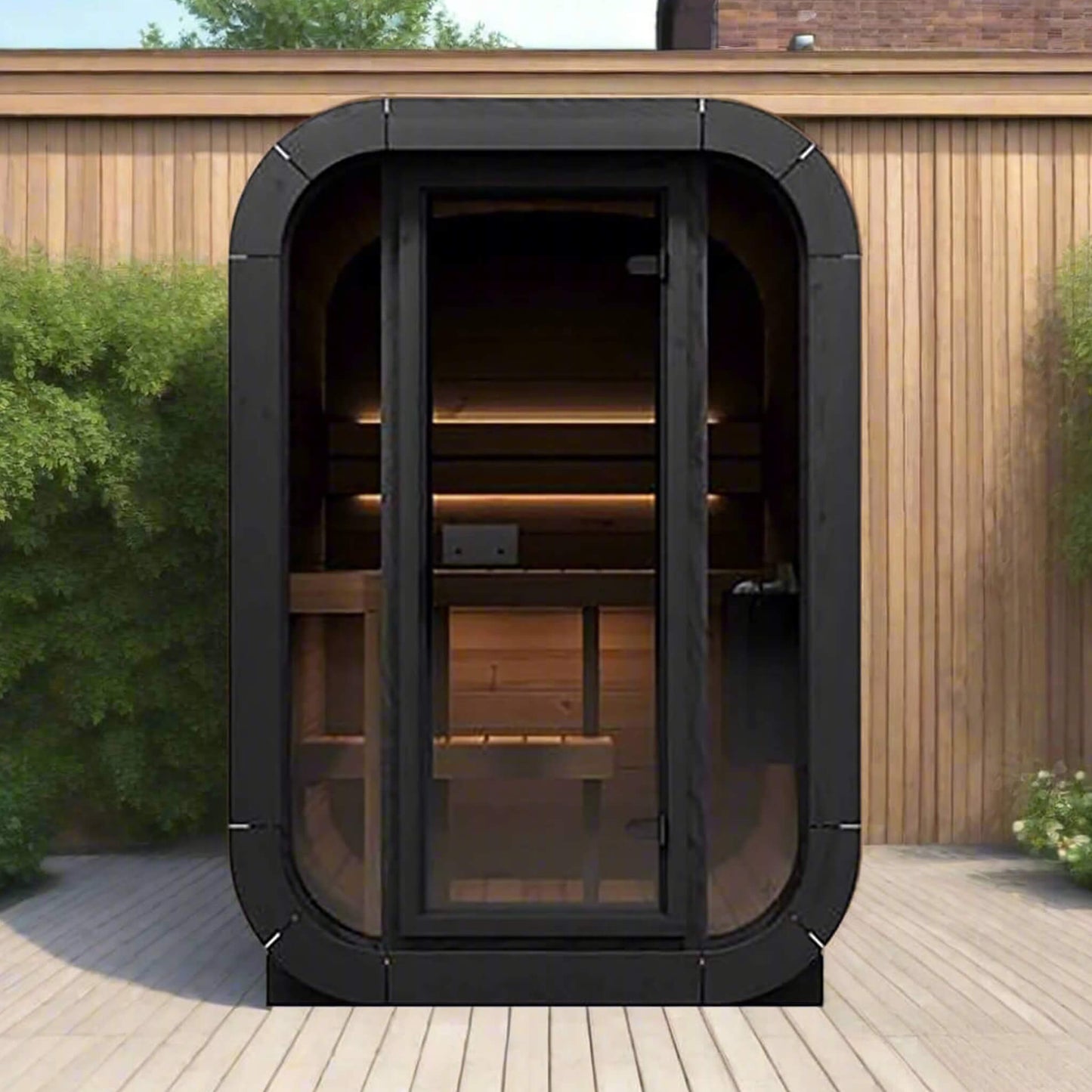 Front-facing view of SaunaLife CL3G outdoor sauna showing bronze glass door and compact cube design