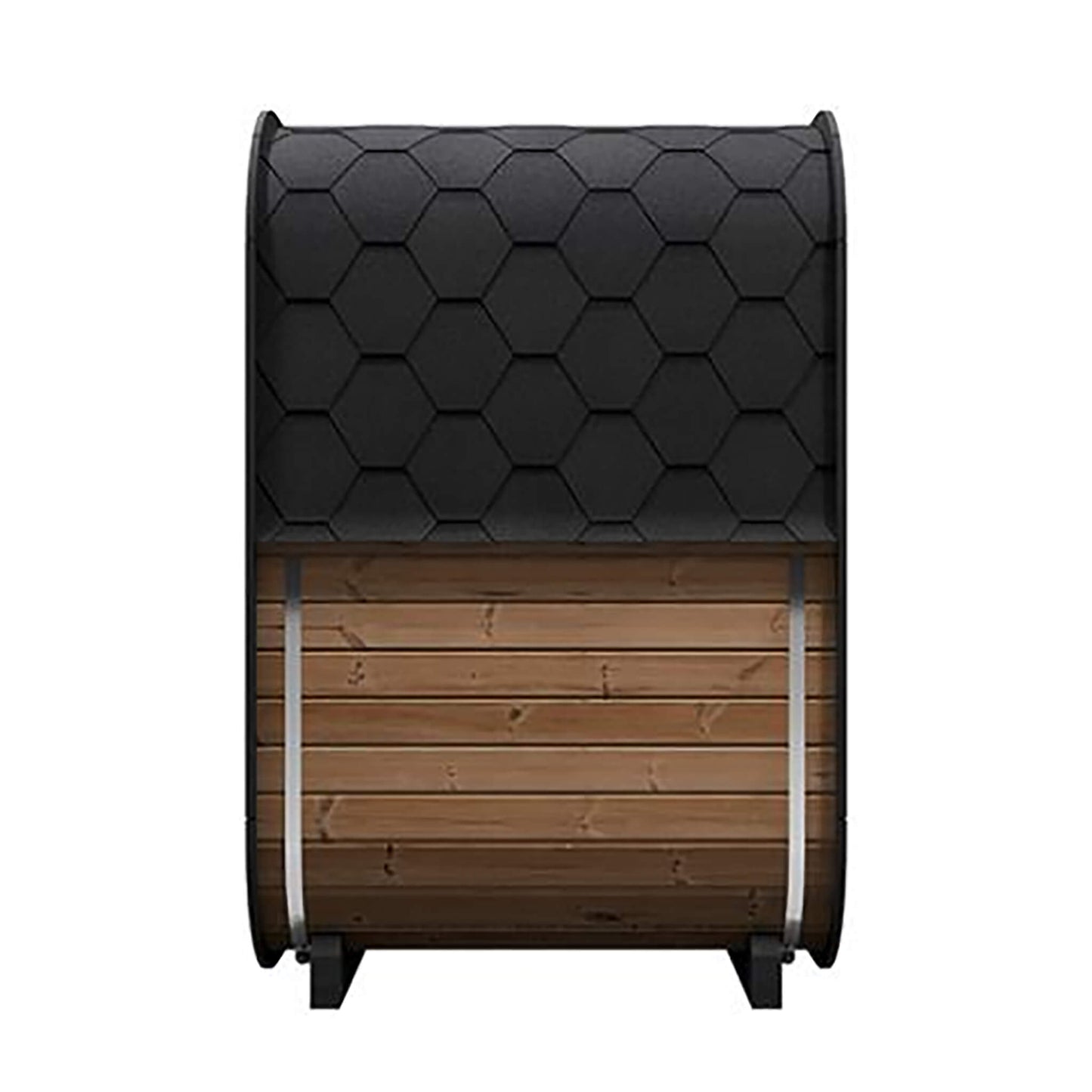 Side exterior view of SaunaLife CL3G highlighting shingled roof and Thermo-Spruce paneling