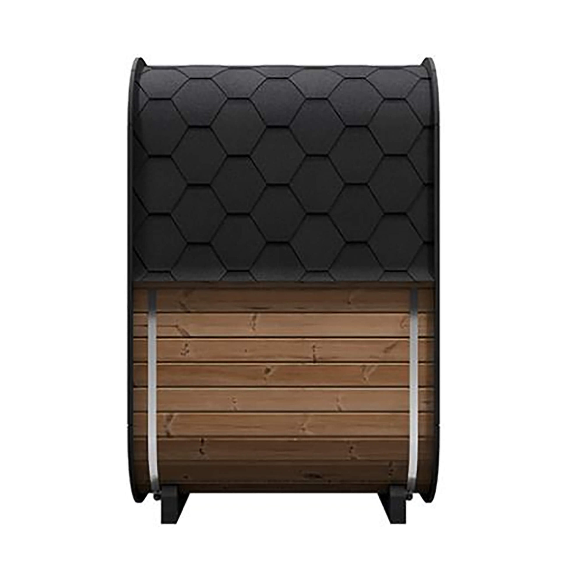 Side exterior view of SaunaLife CL3G highlighting shingled roof and Thermo-Spruce paneling