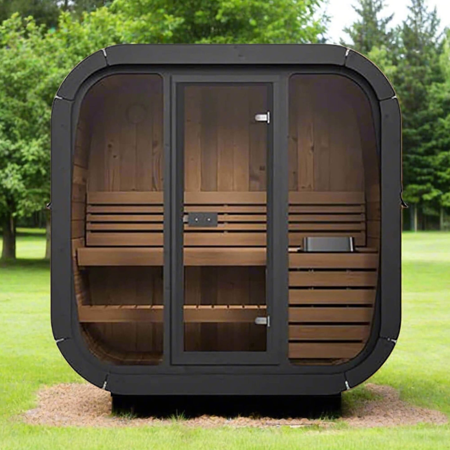 Front view of SaunaLife CL4G outdoor sauna showing bronze glass door and interior bench layout