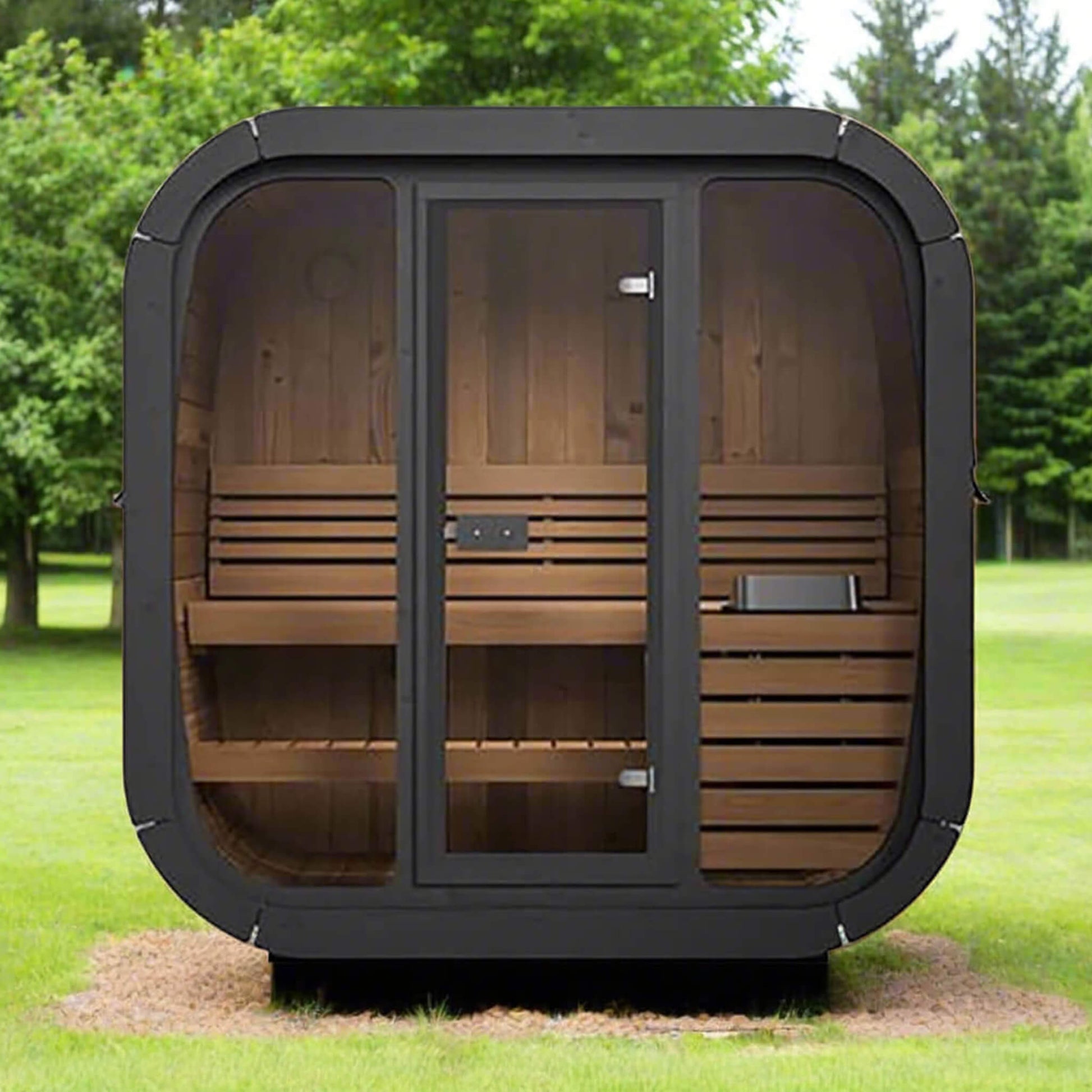 Front view of SaunaLife CL4G outdoor sauna showing bronze glass door and interior bench layout
