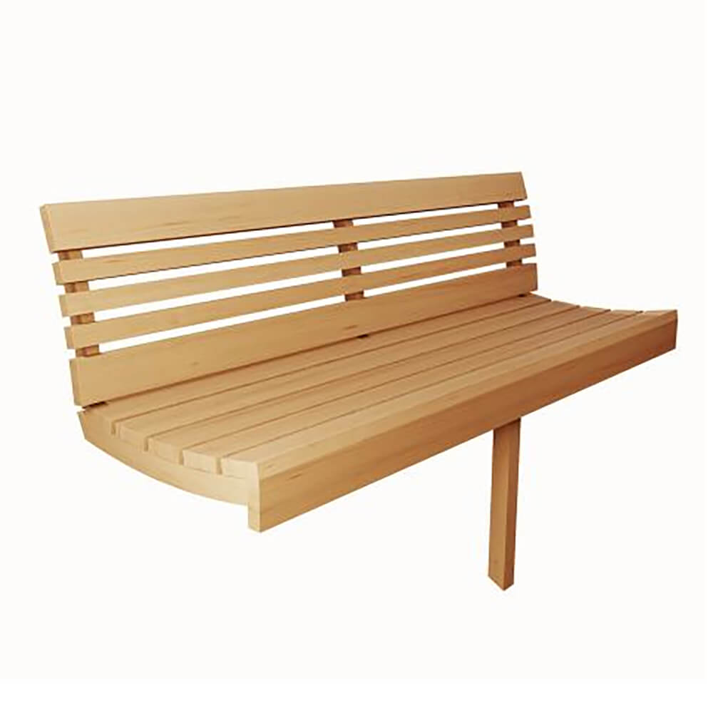 Close-up of the SaunaLife E6 Thermo-Aspen contoured bench and ergonomic arched backrest.