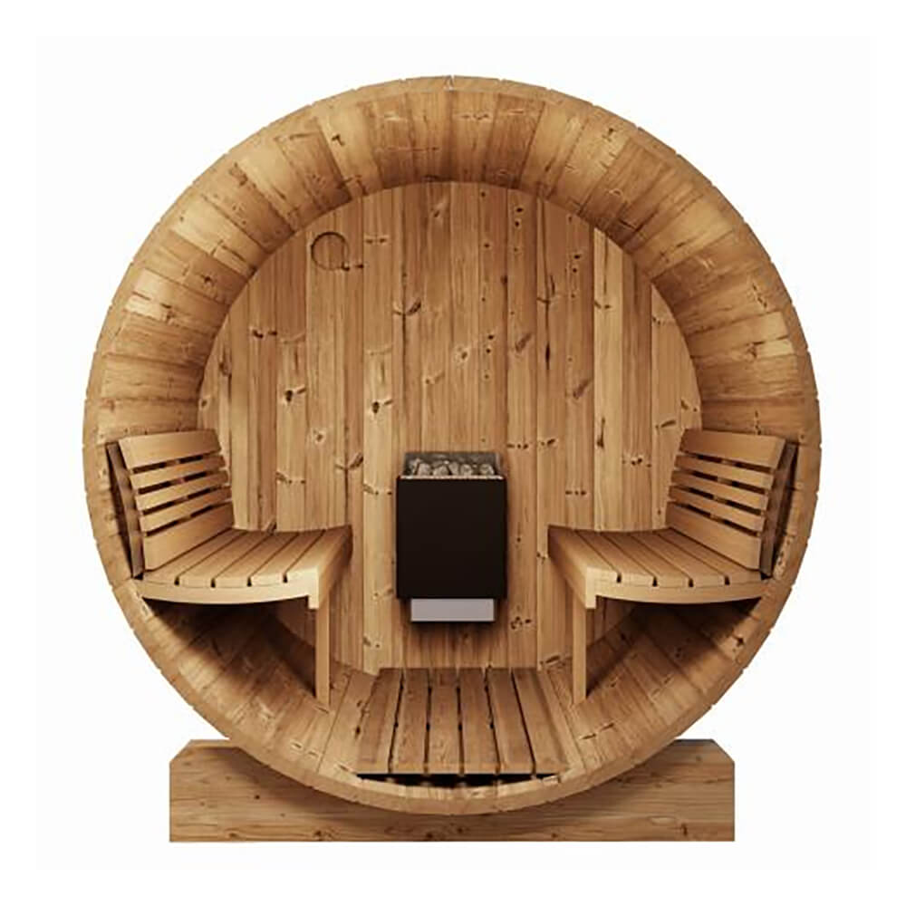 Interior front-to-back view of the SaunaLife E6 showing contoured Thermo-Aspen benches, heater placement area, and rounded walls.