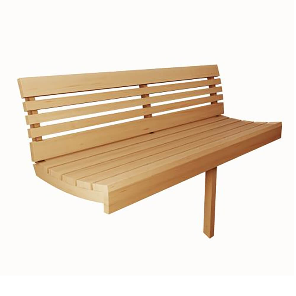 Close-up interior view of the SaunaLife E7G’s ergonomic Thermo-Aspen side bench and contoured backrest.