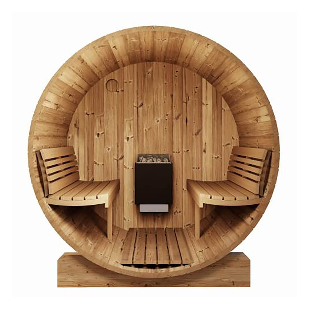 Front-facing cutaway of the SaunaLife E7G interior with contoured Thermo-Aspen benches and heater placement.