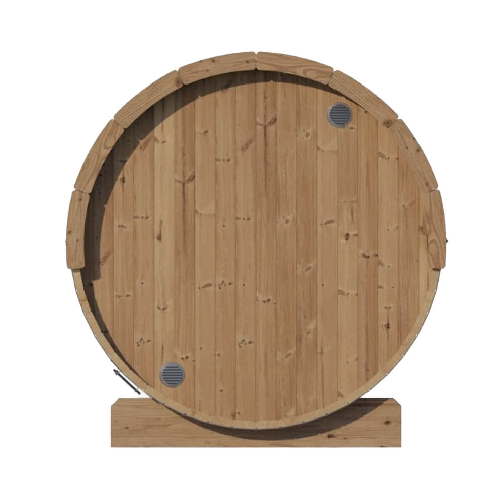 Rear of the SaunaLife E8G outdoor sauna showing solid Thermo-Spruce end wall with dual ventilation ports.