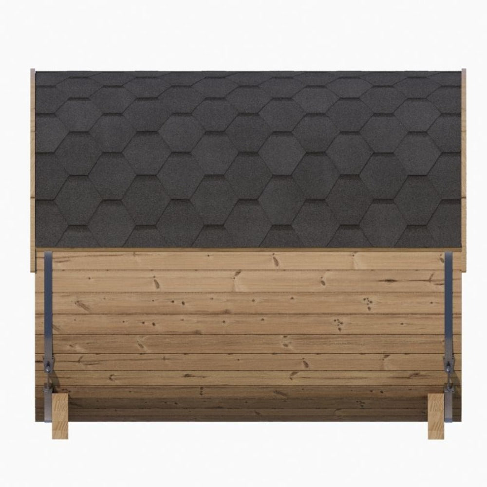 Side profile of the SaunaLife E8G sauna showing the black shingle roof system and thick Thermo-Spruce construction.