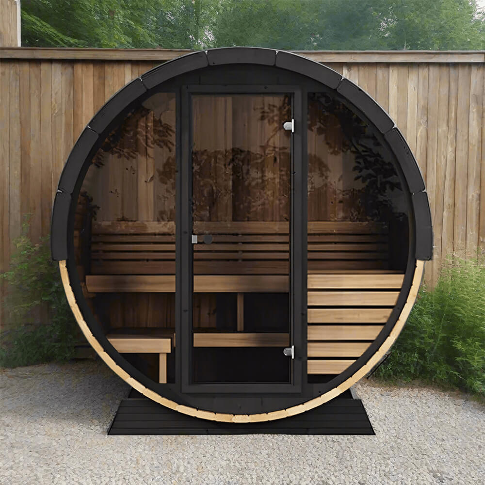 Front view of SaunaLife EE6G barrel sauna showing bronze-tinted glass door and interior bench layout